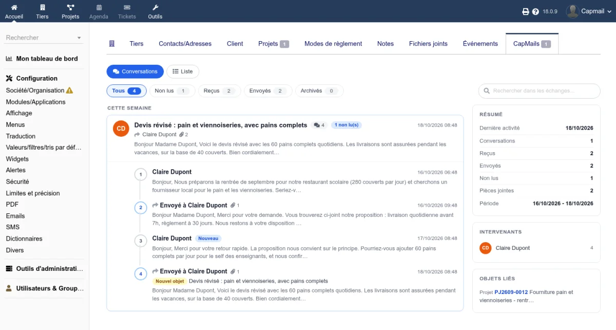 Onglet Capmail sur la fiche tiers