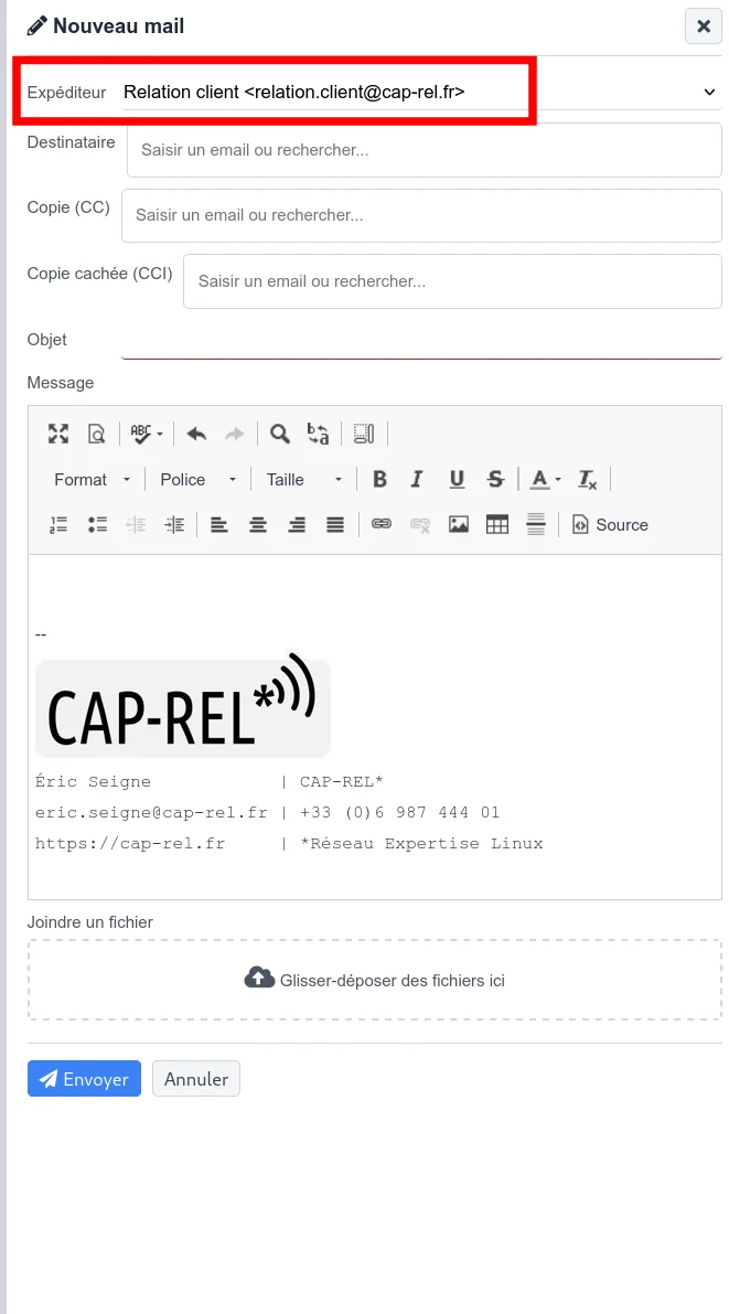 Sélecteur de boîte mail dans un formulaire d'envoi Dolibarr