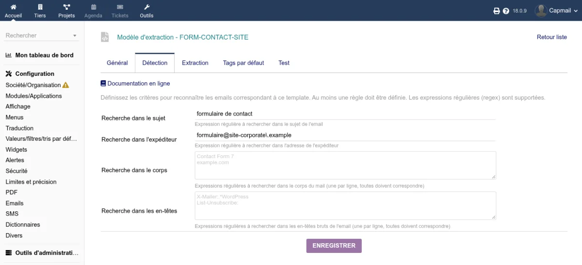 Configuration des règles de détection d'un template