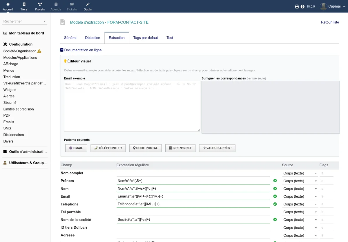 Configuration des règles d'extraction d'un template