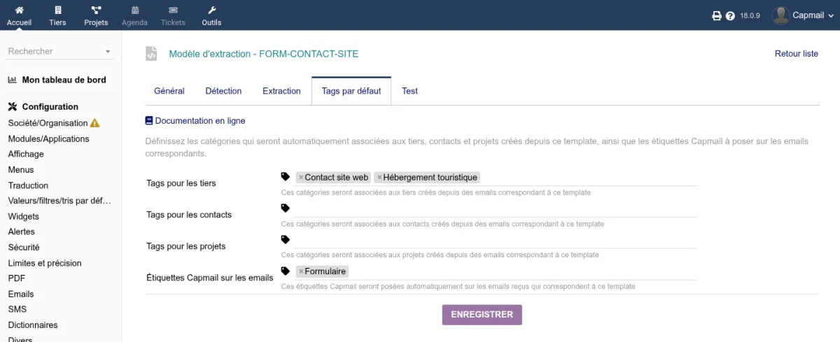Configuration des tags par défaut d'un template