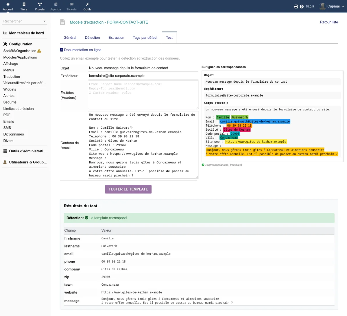 Test d'un template avec un email exemple