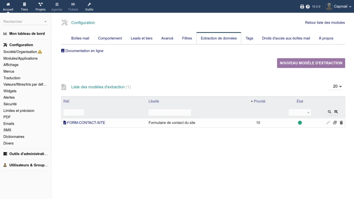 Liste des templates d'emails entrants