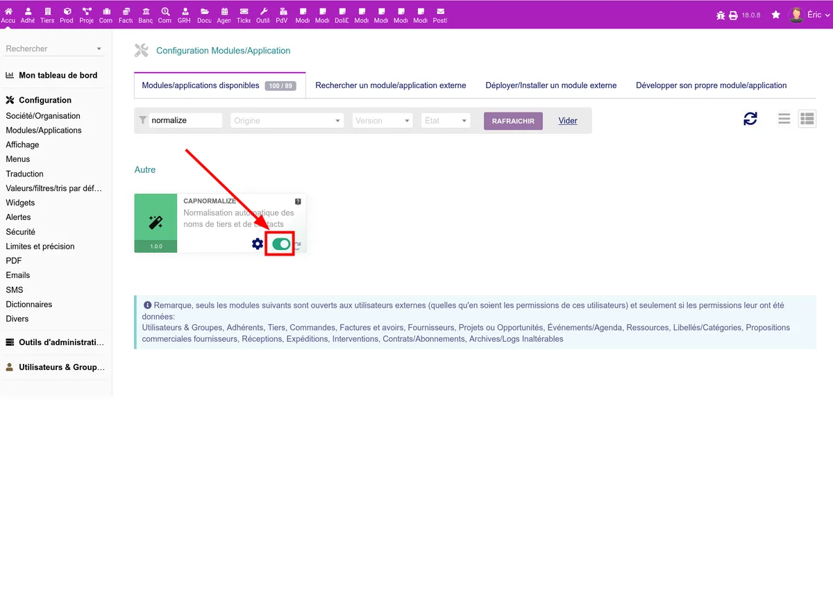 Page d'activation du module CapNormalize dans la liste des modules Dolibarr
