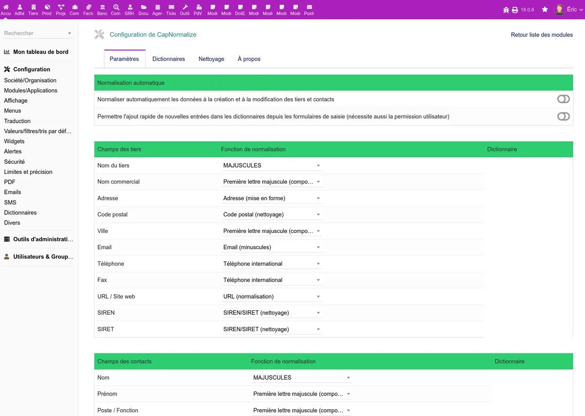 Écran de configuration de CapNormalize avec les règles par champ pour les tiers et les contacts