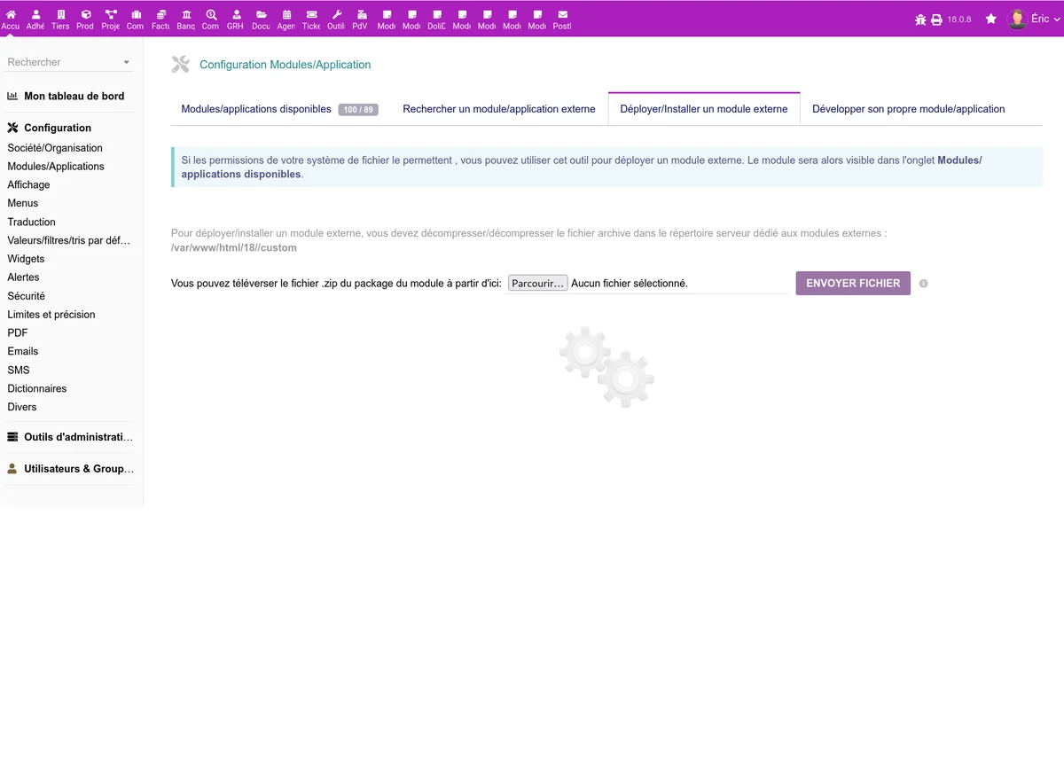 Page de déploiement d'un module externe dans Dolibarr