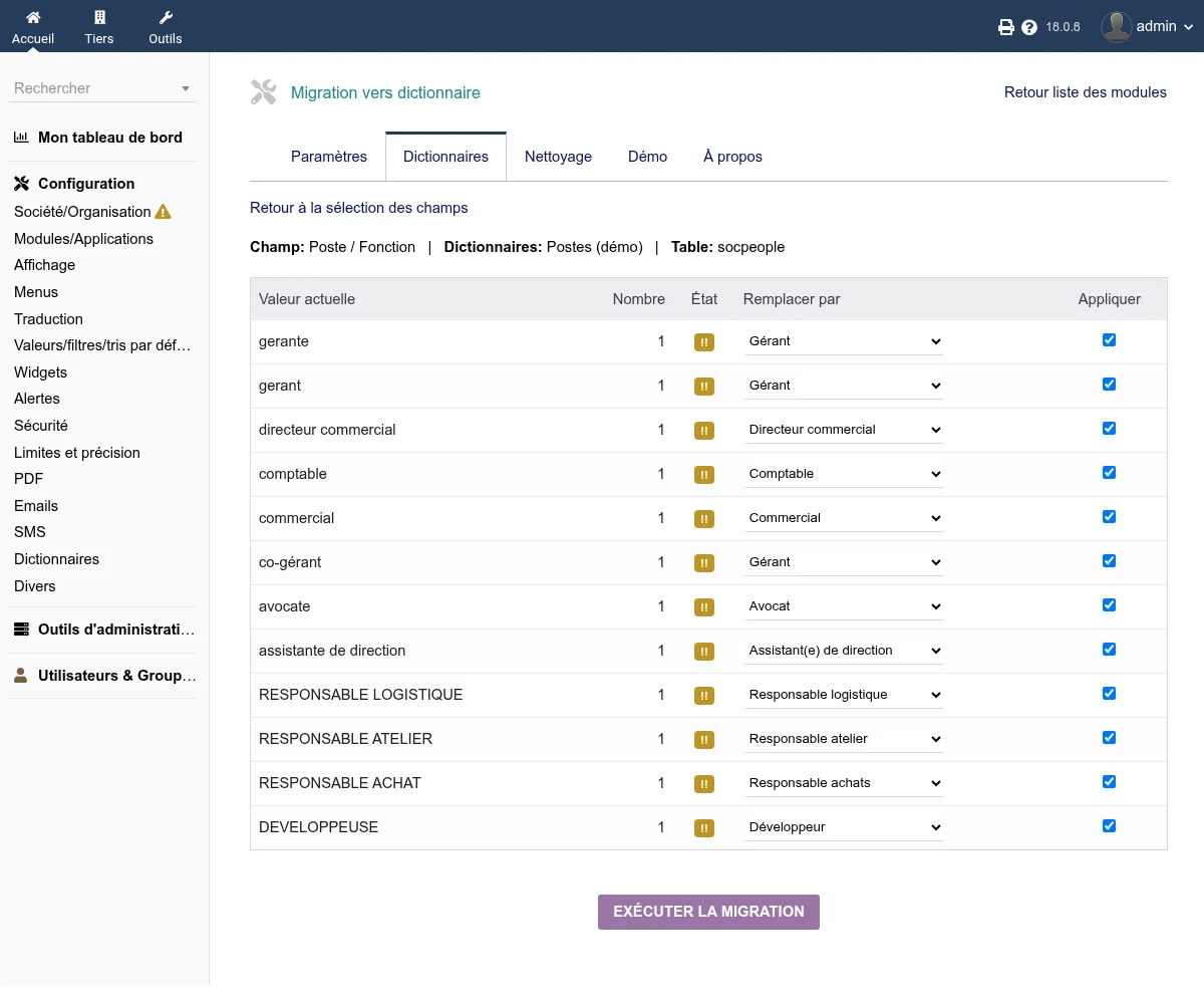 Tableau de migration avec les valeurs actuelles, les suggestions de correspondance et les sélecteurs
