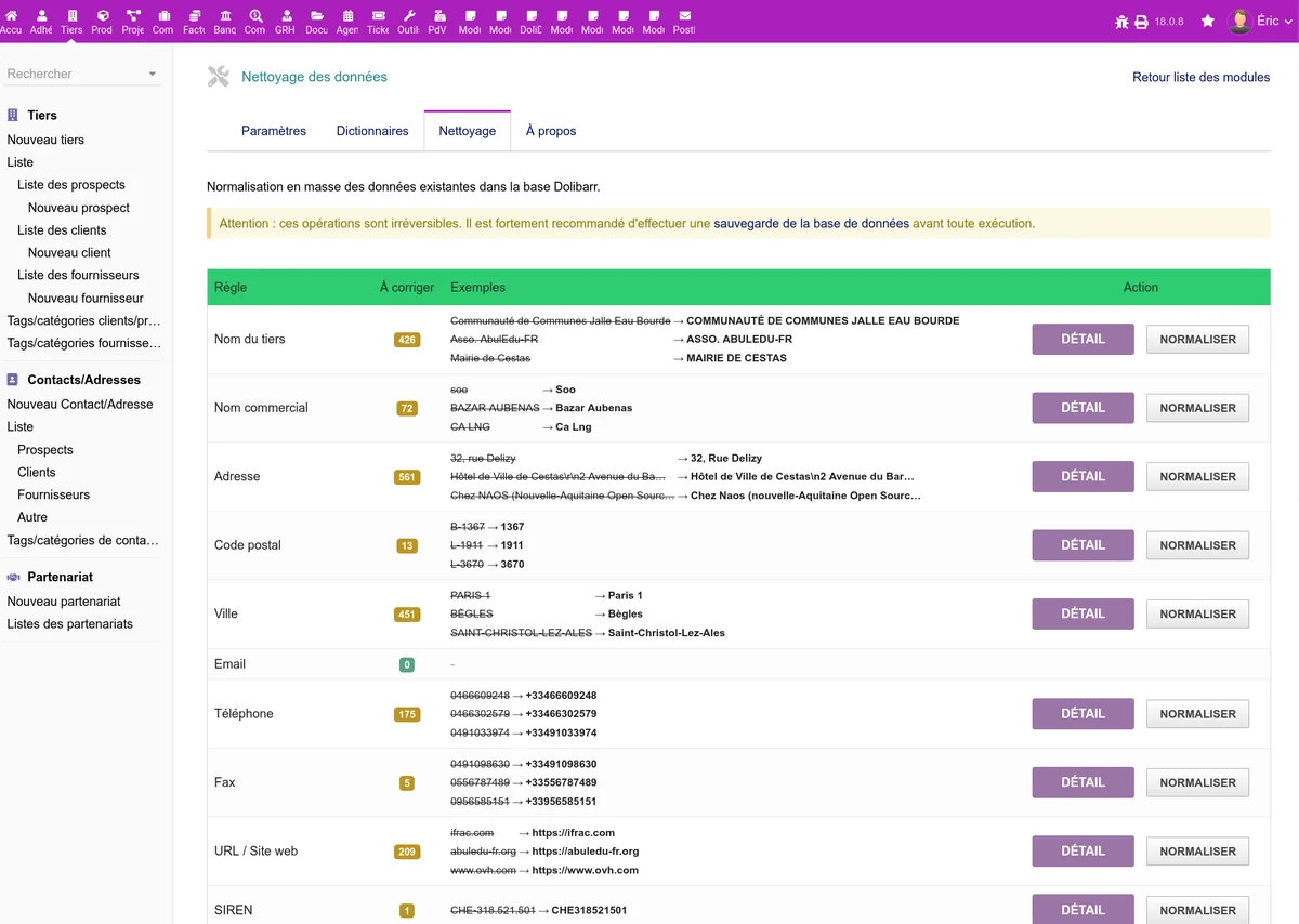Onglet nettoyage avec la liste des règles actives, le nombre de fiches à normaliser et les exemples avant/après