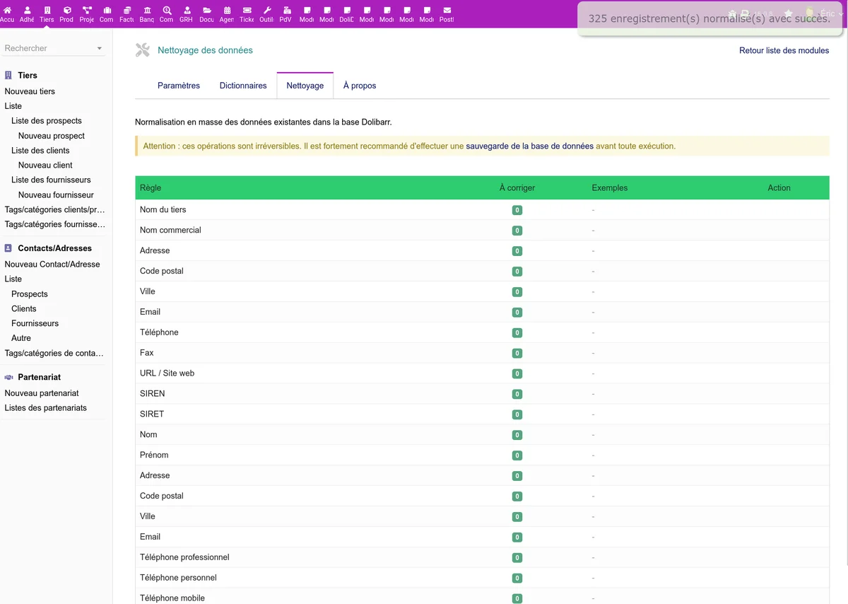 Résultat du nettoyage avec les badges de statut pour chaque règle exécutée