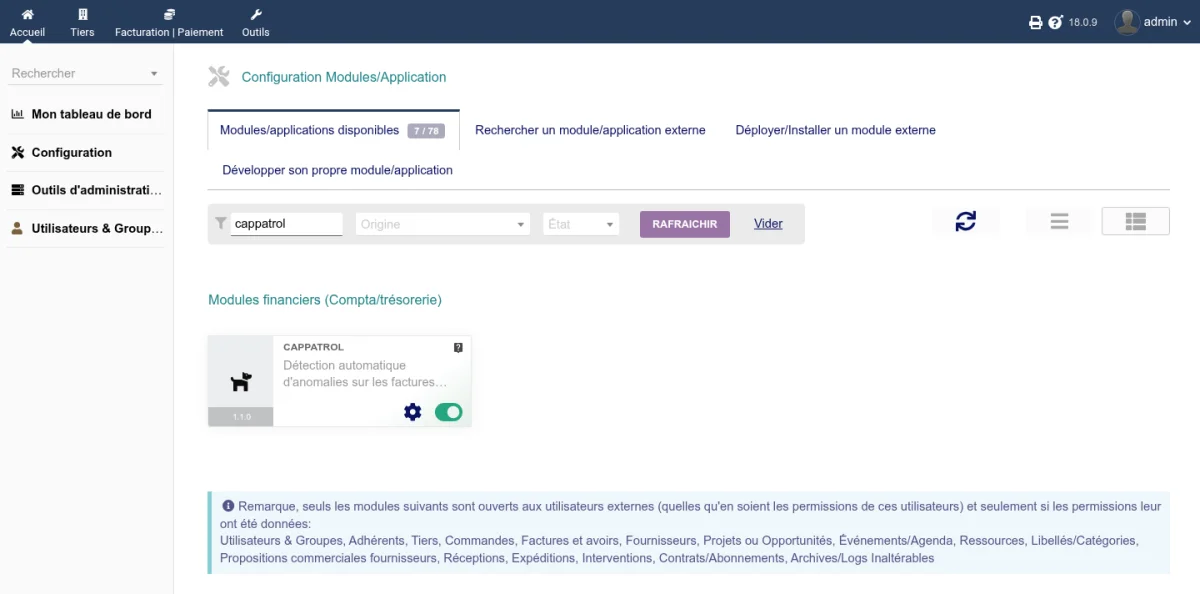 Liste des modules avec capPatrol activé