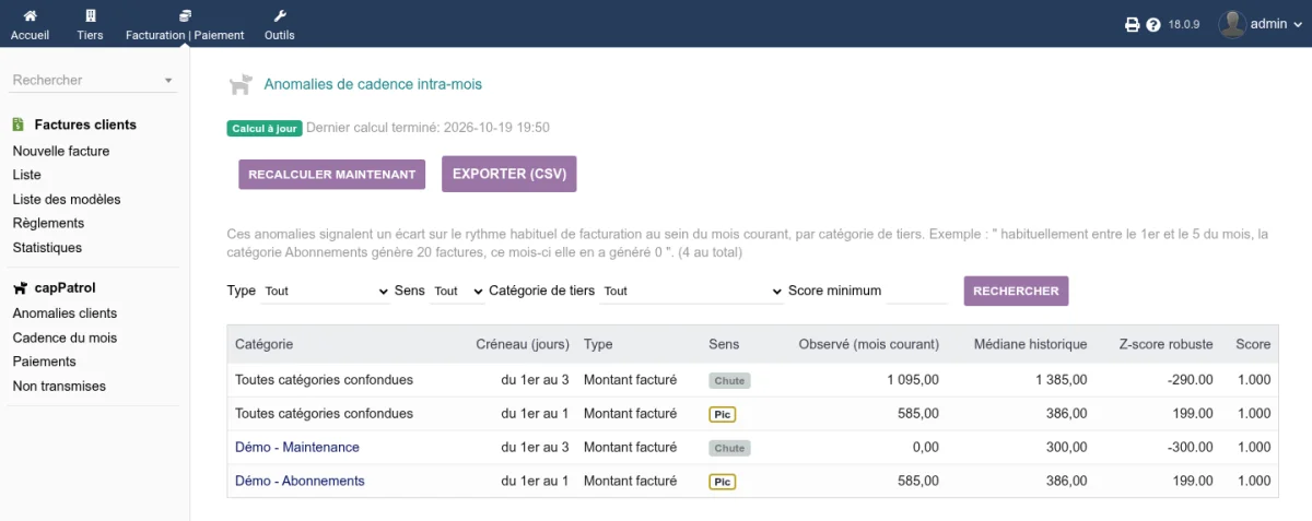 Page Cadence intra-mois avec un tableau d'anomalies par catégorie