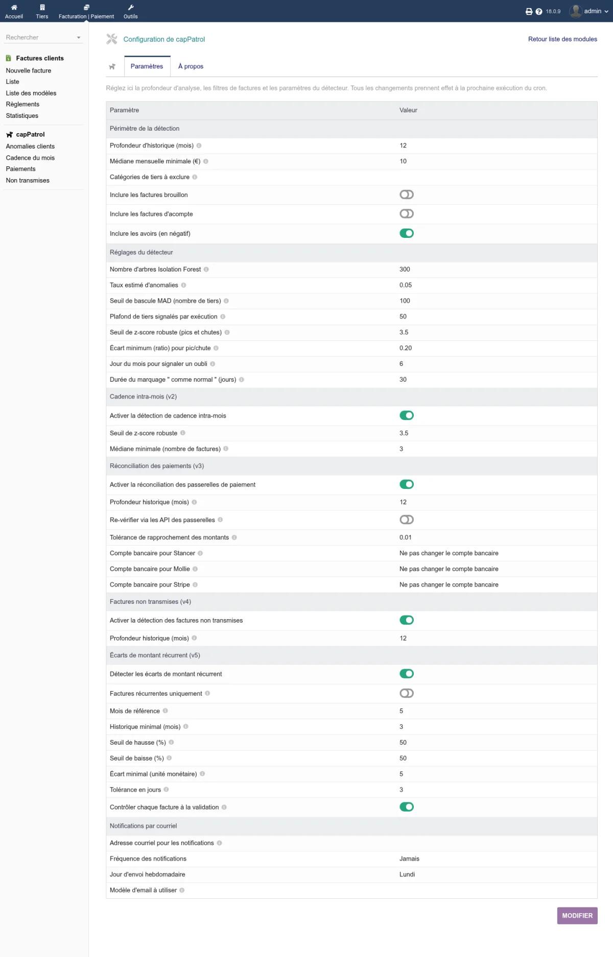 Page de configuration capPatrol avec ses sections périmètre, détecteur, cadence intra-mois, réconciliation des paiements, factures non transmises, écarts récurrents et notifications