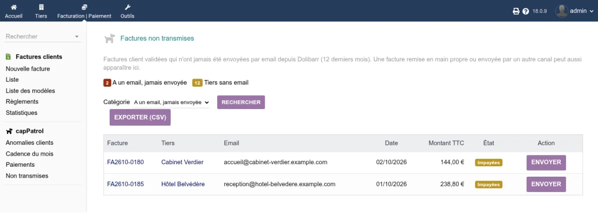Liste des factures validées jamais envoyées à un client qui a un email, avec le bouton Envoyer sur chaque ligne