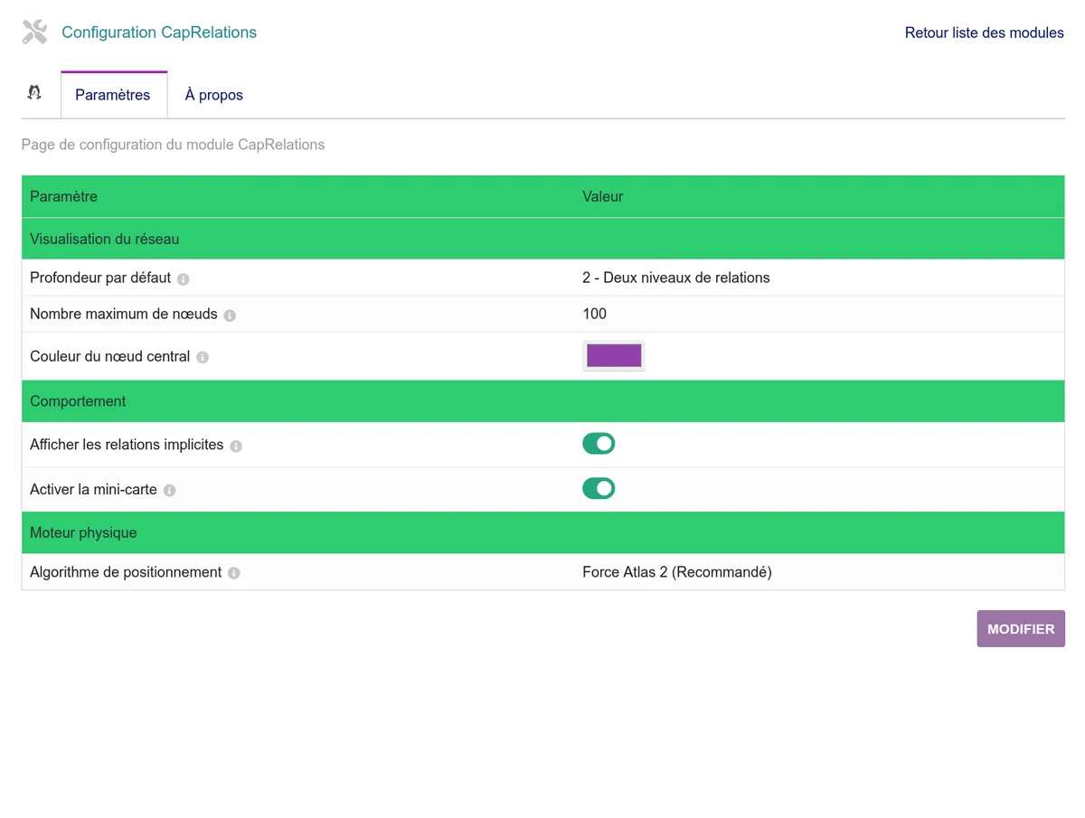 Page de configuration du module CapRelations avec les sections Visualisation, Comportement et Moteur physique