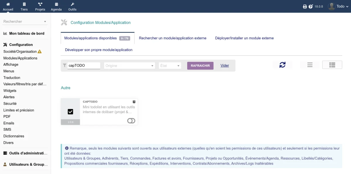 Page d'activation du module CapTODO dans la liste des modules Dolibarr avec le bouton d'activation