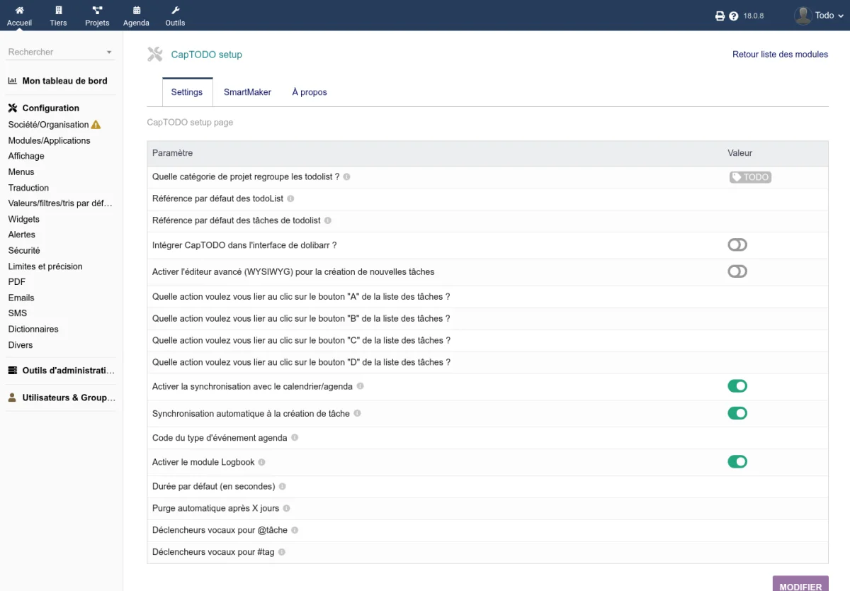 Page de configuration de CapTODO avec les différentes options regroupées par section