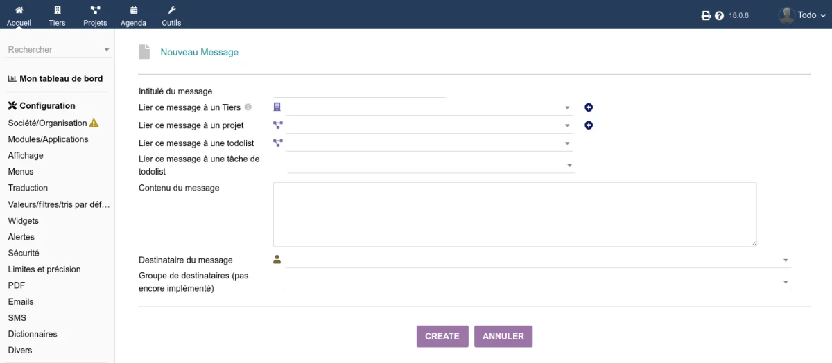 Formulaire de création d'un message avec les champs intitulé, contenu, destinataire et liens vers tiers, todolist et tâche