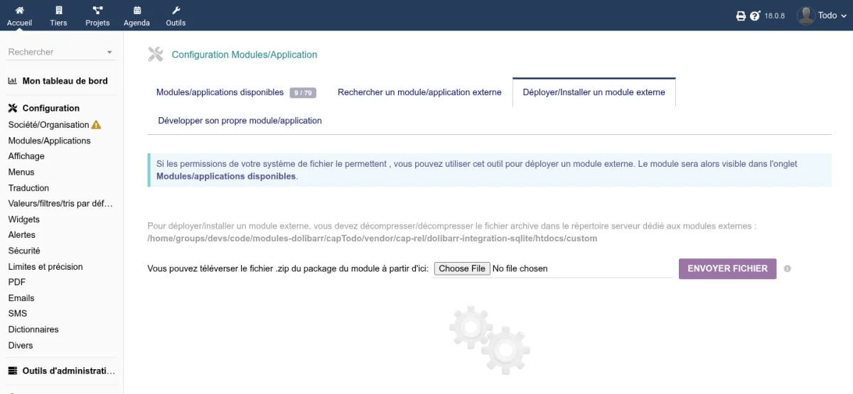 Page de déploiement d'un module externe dans Dolibarr avec le bouton Envoyer