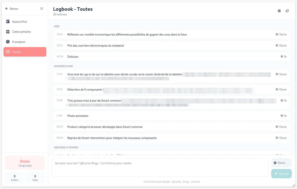 Page logbook mobile avec les onglets de filtrage, la saisie rapide et la liste des entrées swipeable