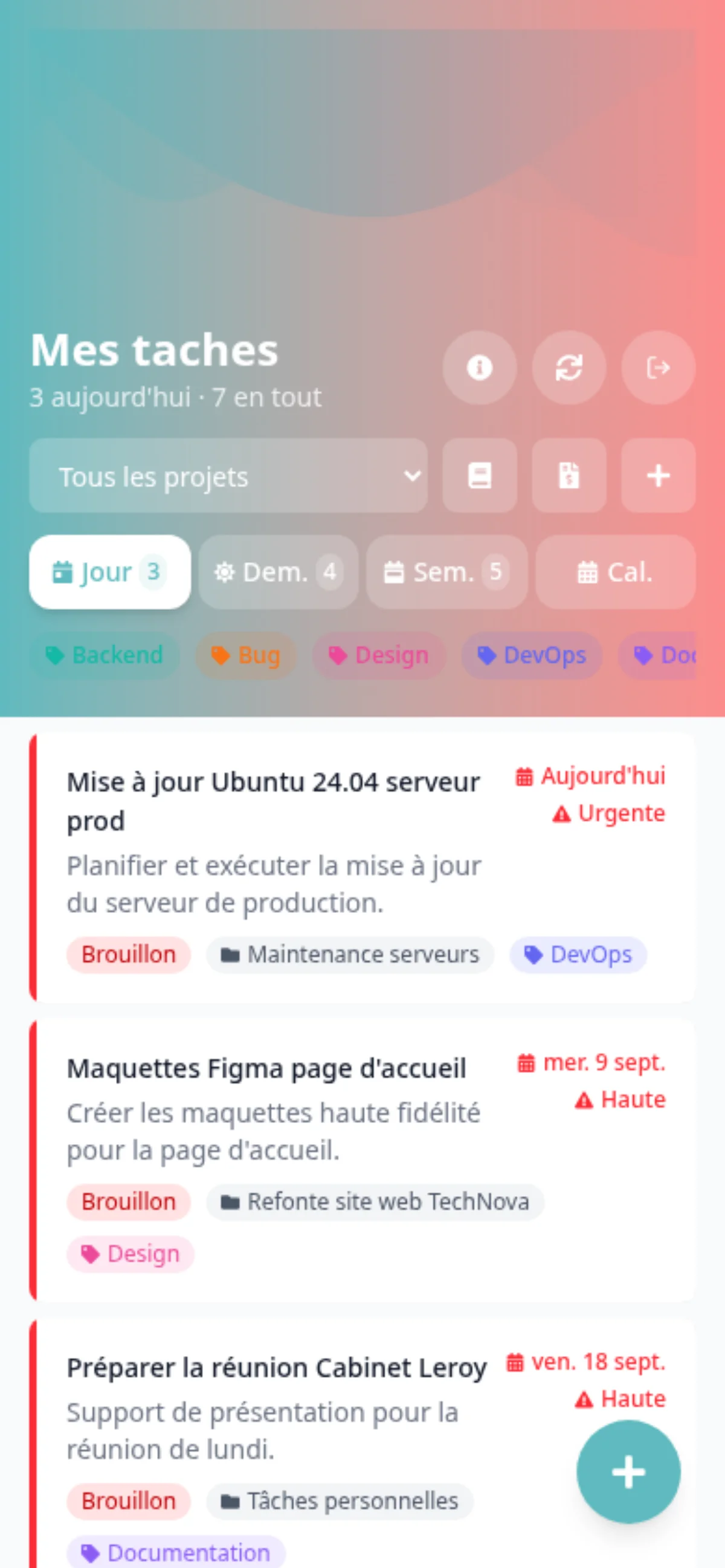 Page d'accueil mobile de CapTODO avec l'en-tête de statistiques, les filtres Jour, Dem., Sem. et Cal. et la liste des tâches