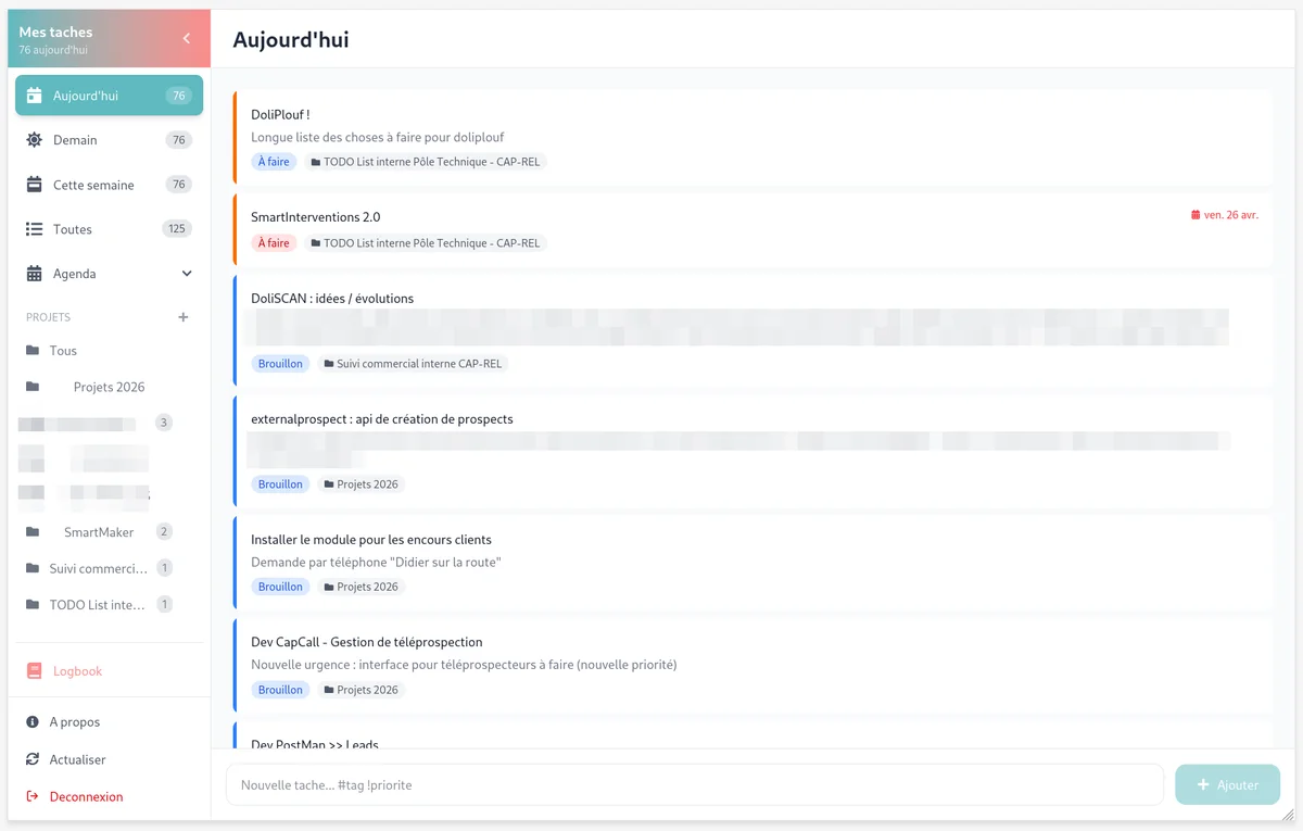 Vue tablette de CapTODO avec la sidebar de navigation à gauche et la liste des tâches à droite