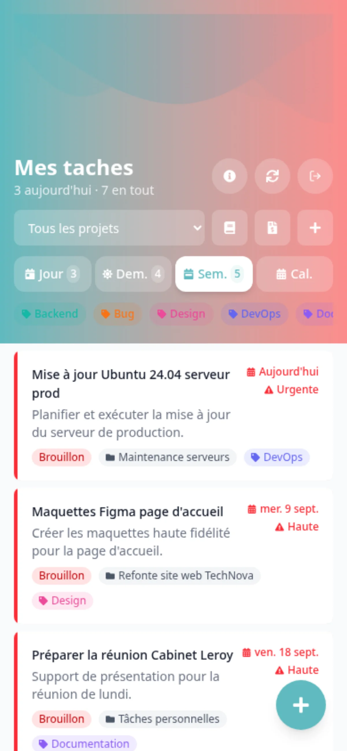 Liste des tâches avec des pastilles de tags colorées affichées sous chaque libellé de tâche