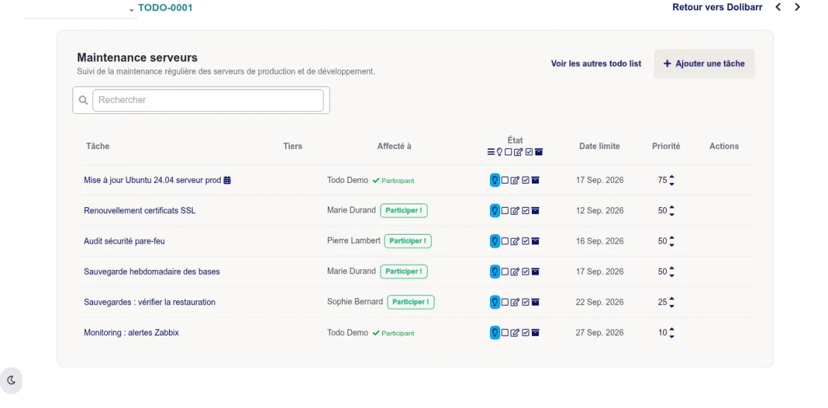 Vue liste des tâches d'un projet TODO avec le tableau complet et les boutons d'actions