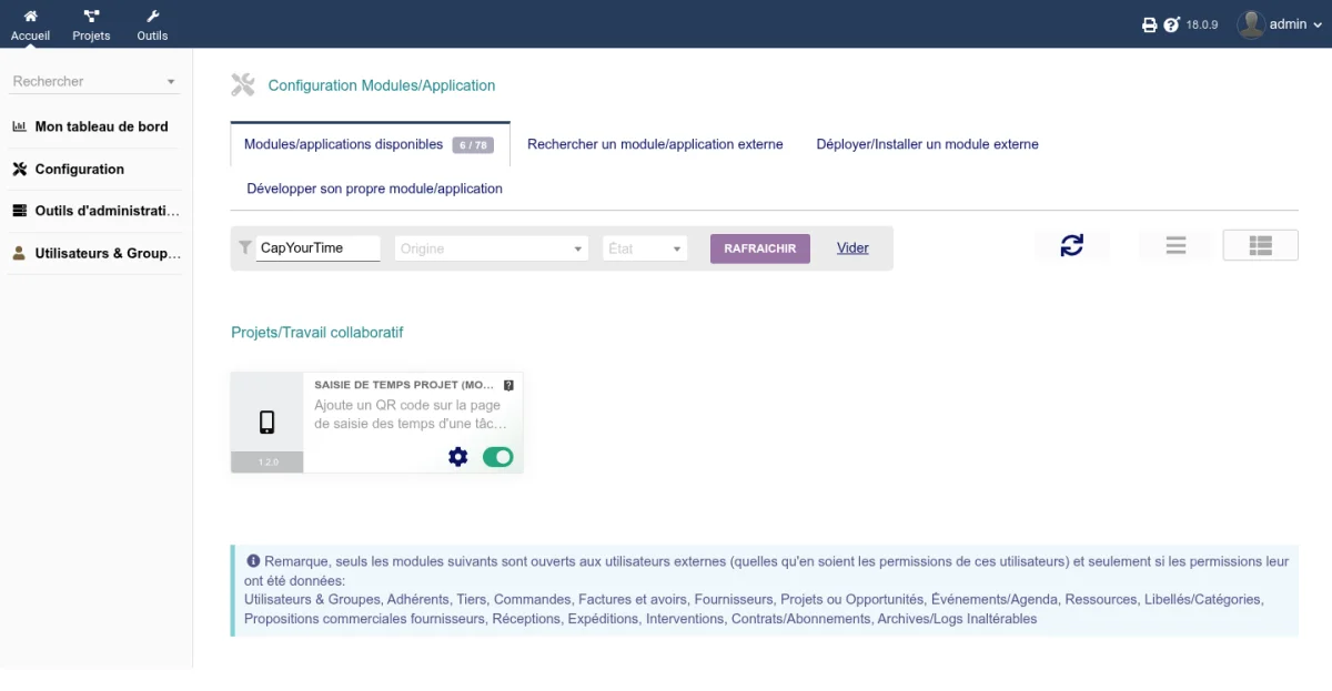 Ligne du module dans la liste d'activation des modules Dolibarr