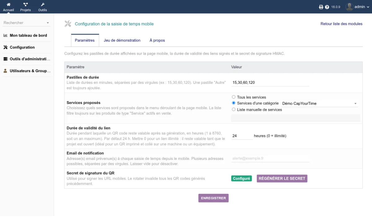 Page de configuration du module avec les pastilles de durée et le filtre des services
