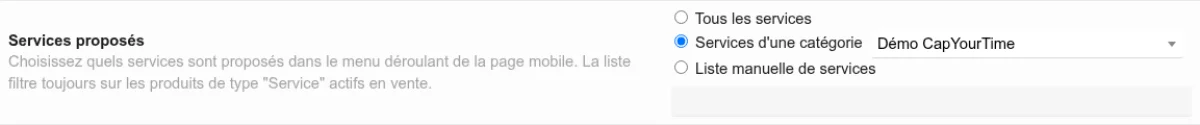 Sélecteur de services avec les trois modes de filtrage