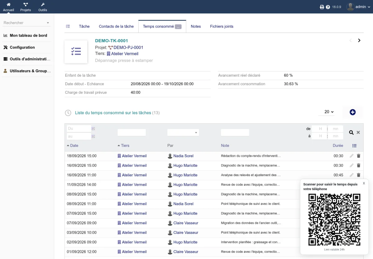 Panneau QR code affiché sur la page de saisie des temps d'une tâche