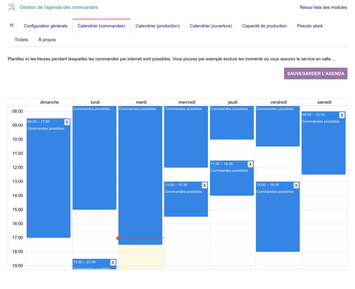 Exemple de configuration des horaires de la boutique en ligne