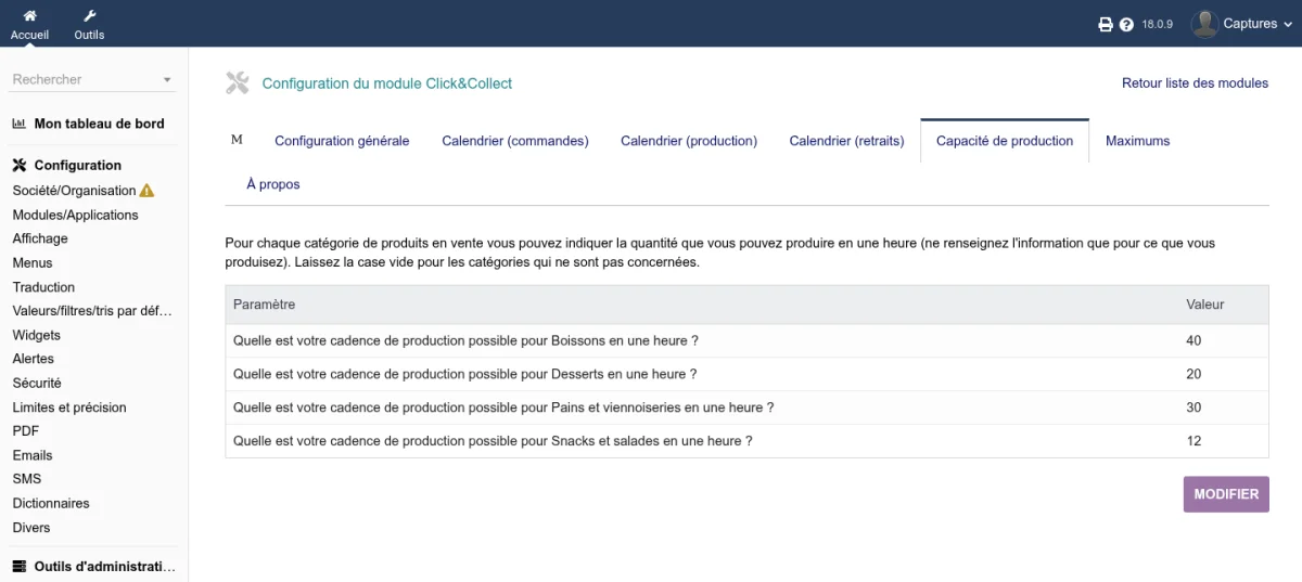 L'onglet de configuration de la capacité de production horaire par catégorie de produits
