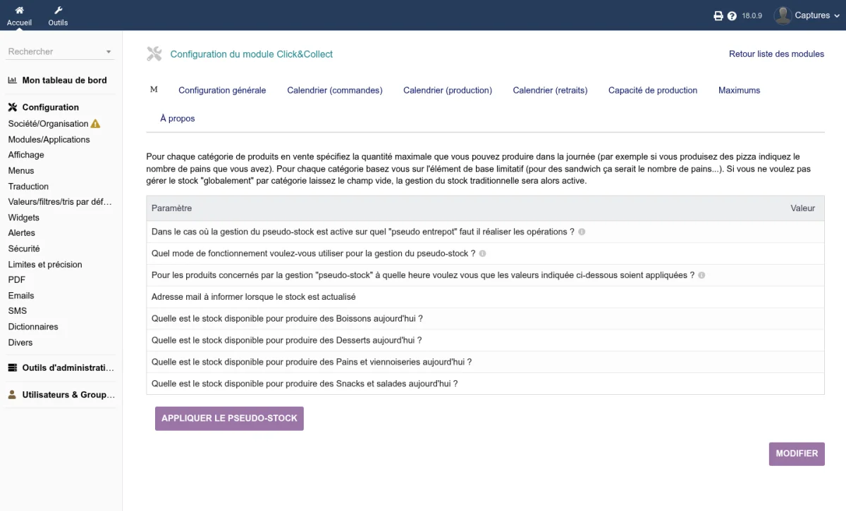 Écran de configuration du pseudo-stock : entrepôt, mode de décrémentation et remise à zéro quotidienne