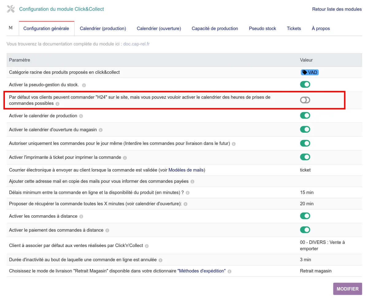 Configuration par défaut : vente en ligne ouverte 24h/24