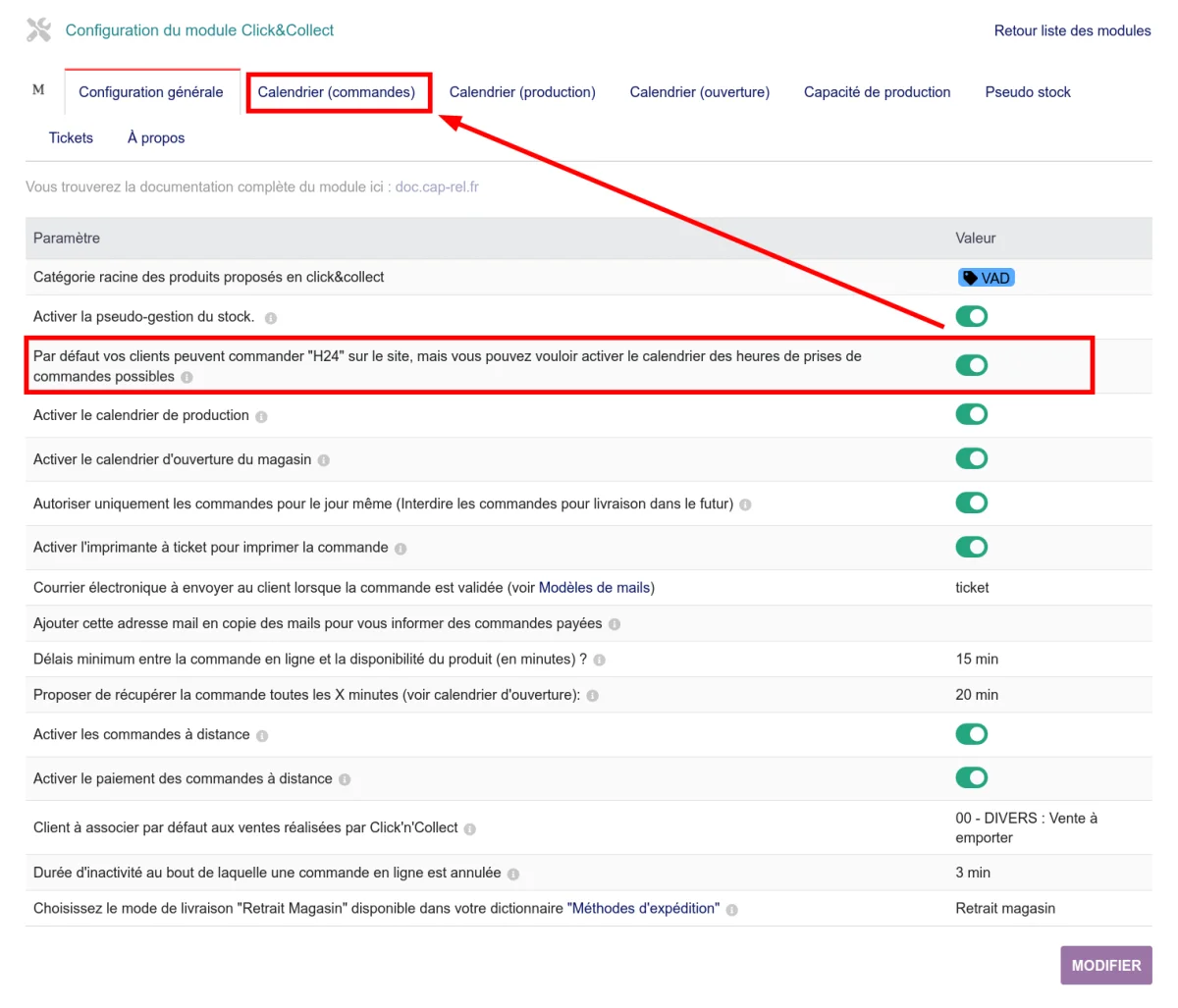 Activation de l'option : un nouvel onglet "Calendrier (commandes)" apparaît