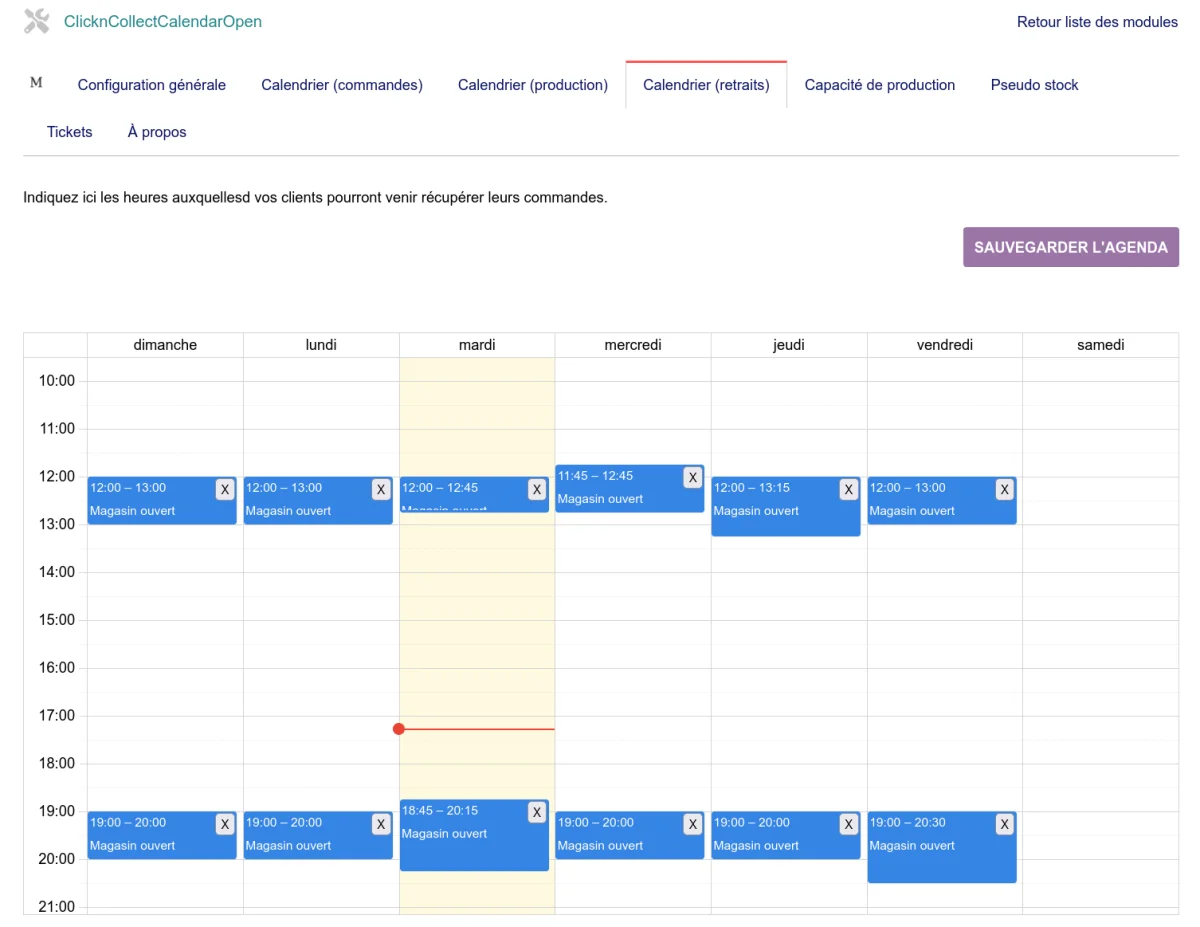 Planning hebdomadaire des créneaux de retrait