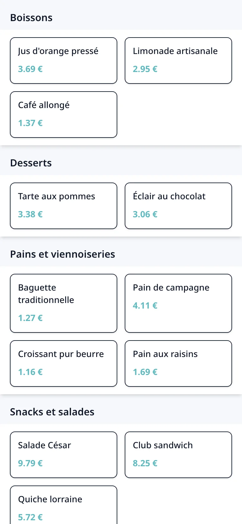 La carte de la boutique en ligne : catégories de produits et tarifs