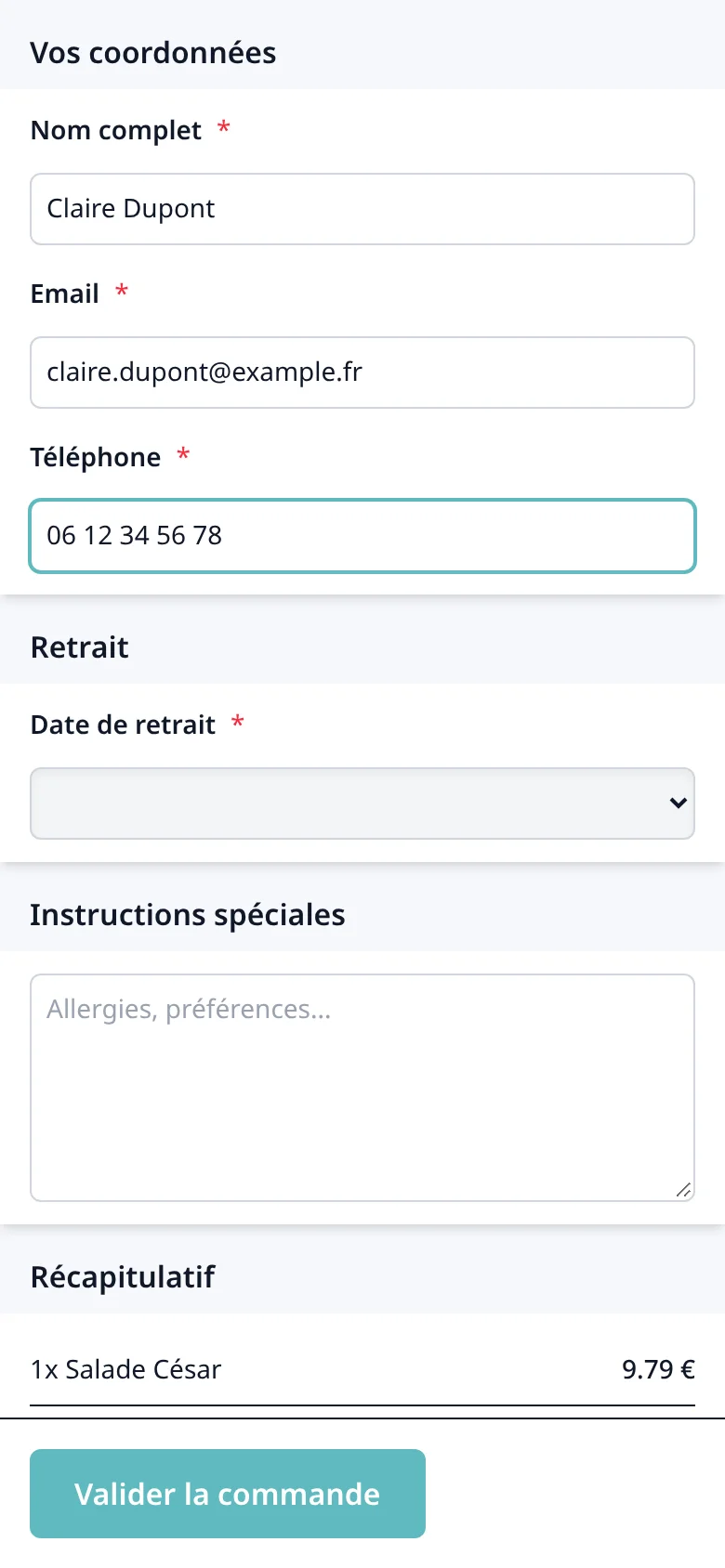 Écran de finalisation de commande : saisie des coordonnées du client