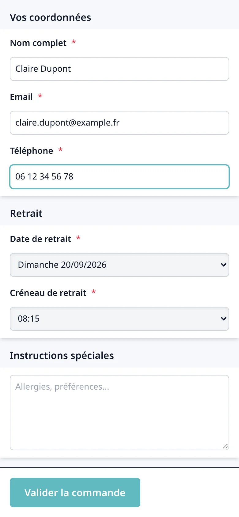 Choix de la date et du créneau de retrait avec le récapitulatif de la commande