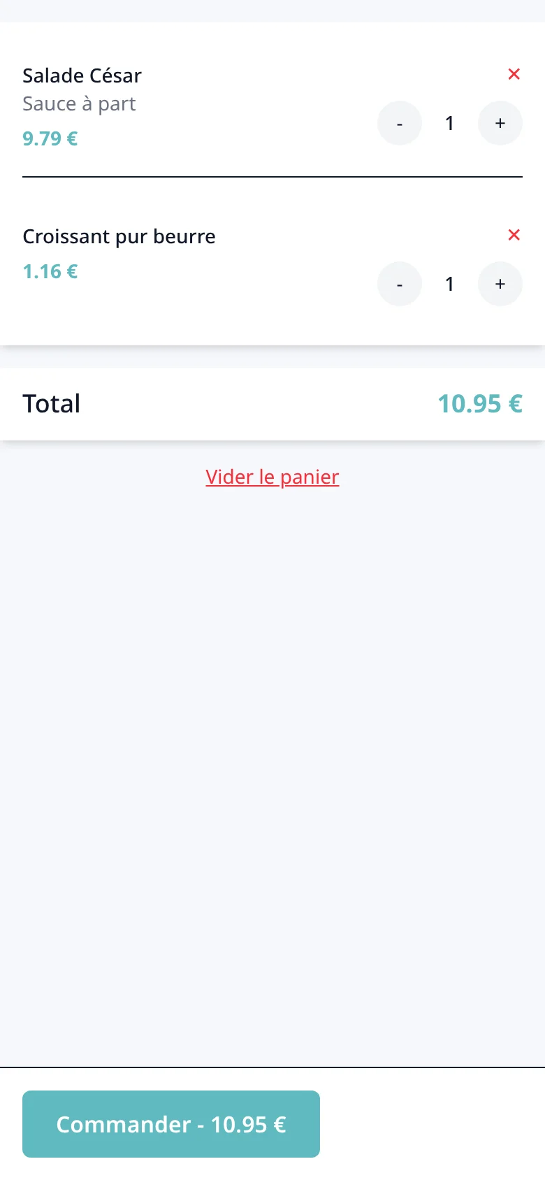 Le panier avec ses articles, leurs options et le bouton Commander