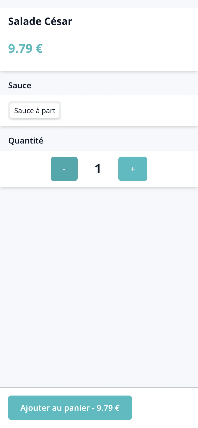 Fiche produit avec choix d'une option (sauce à part) avant ajout au panier