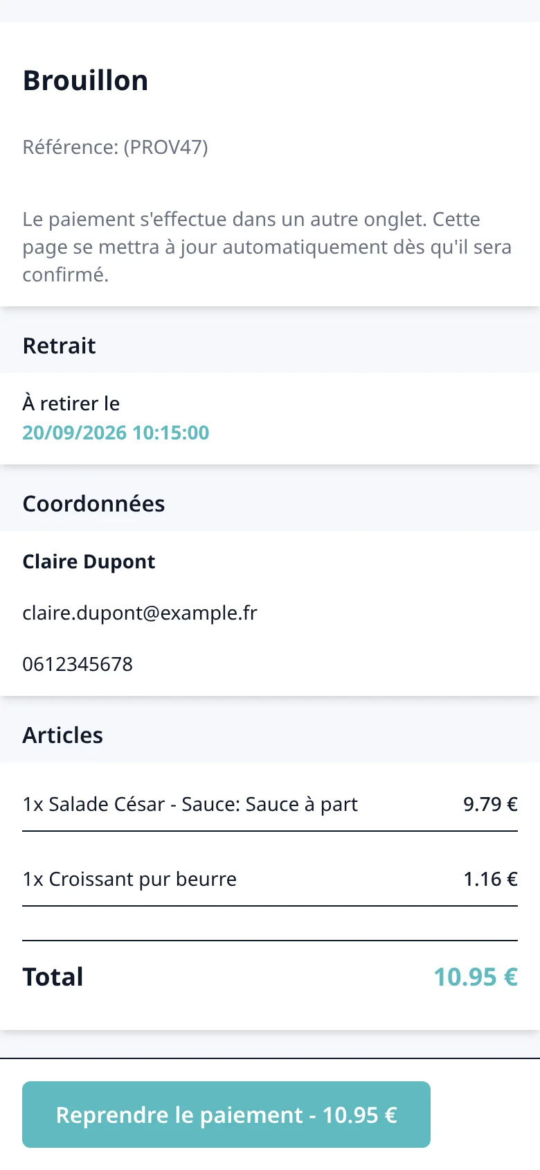 Page de suivi de commande : référence, créneau de retrait, articles et bouton de paiement