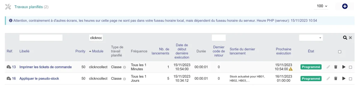 Liste des tâches planifiées du module