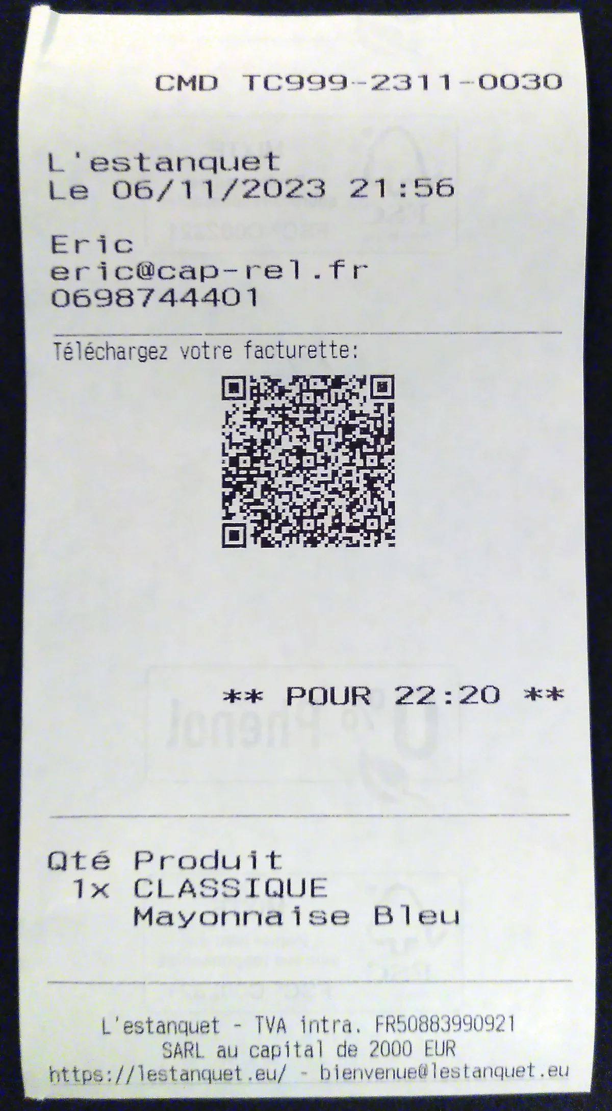Variante du ticket avec QR code pour télécharger la facturette