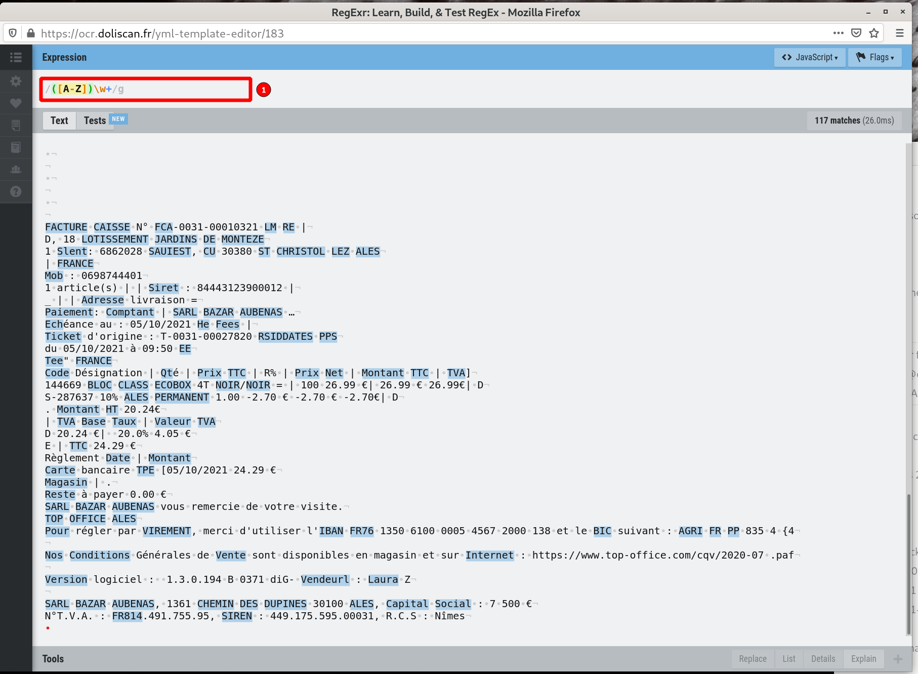 Exemple d'utilisation de l'éditeur de regex