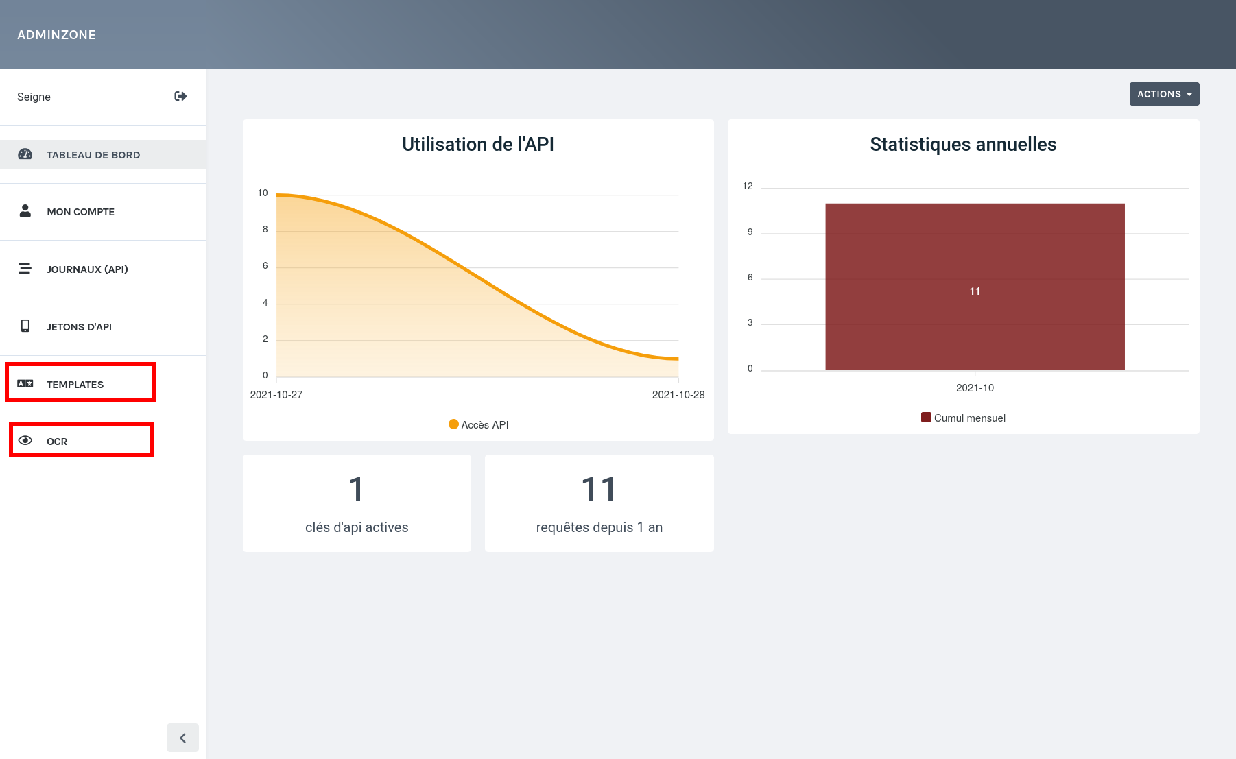 Menu du webservice : liste OCR et templates