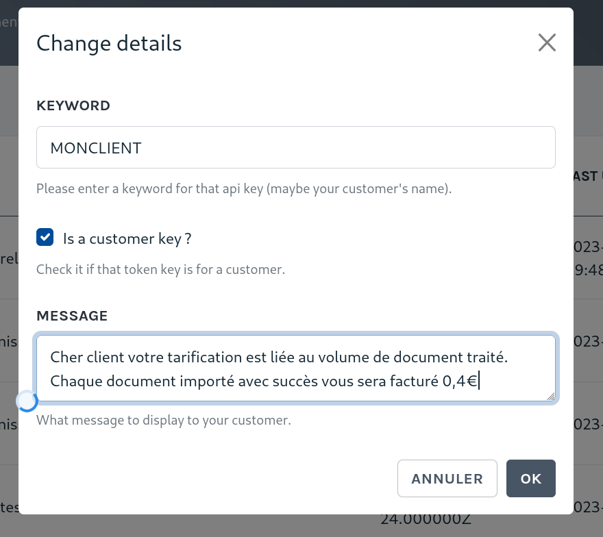 Modification des paramètres d'une clé d'API