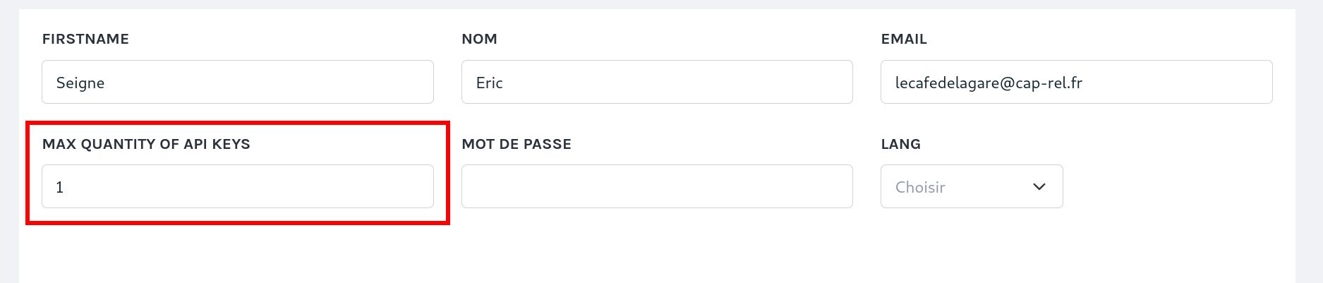 Modifier le nombre de clés d'API autorisées pour un utilisateur