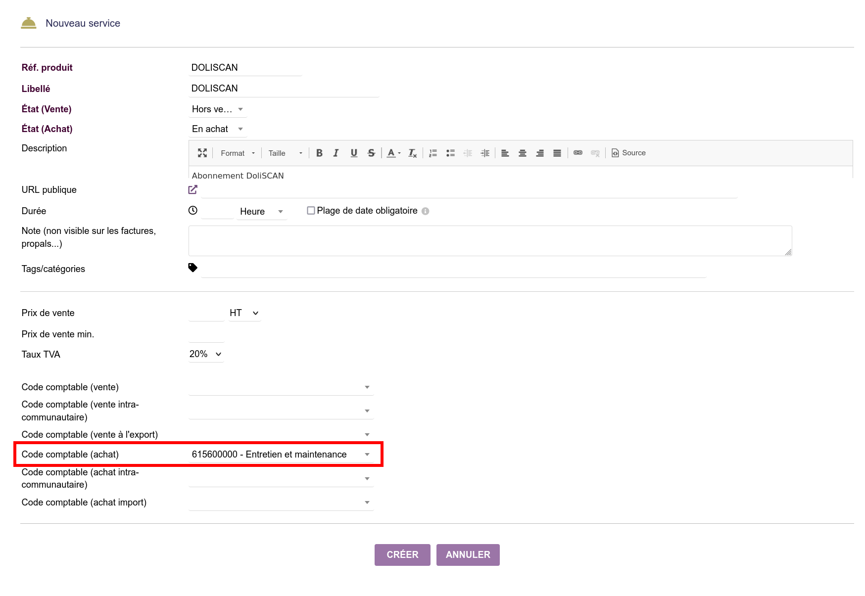 Création du service et association avec le code comptable. Notez que ce service n'est pas en vente mais uniquement en achat.